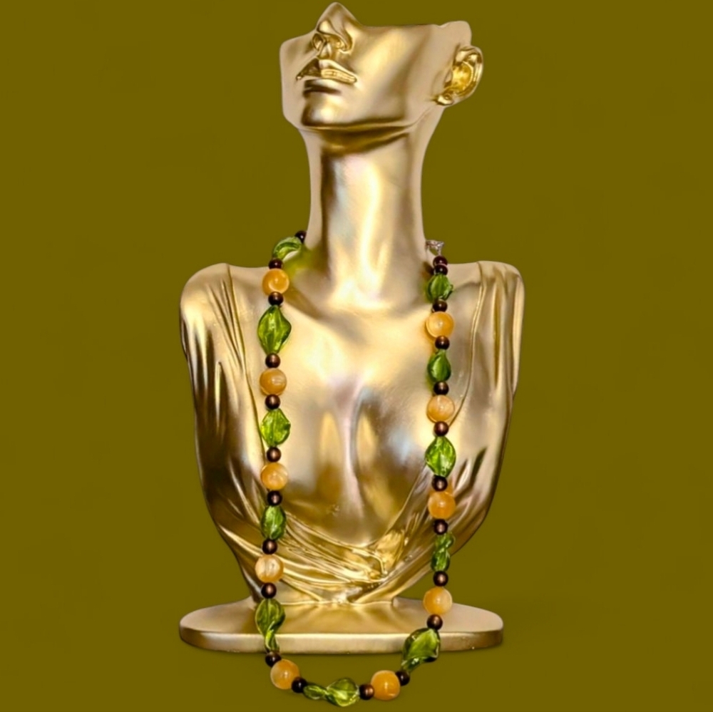 Handcrafted Bead Necklace, Brown Moonglow Necklace  & Twisted Green Glass Beads